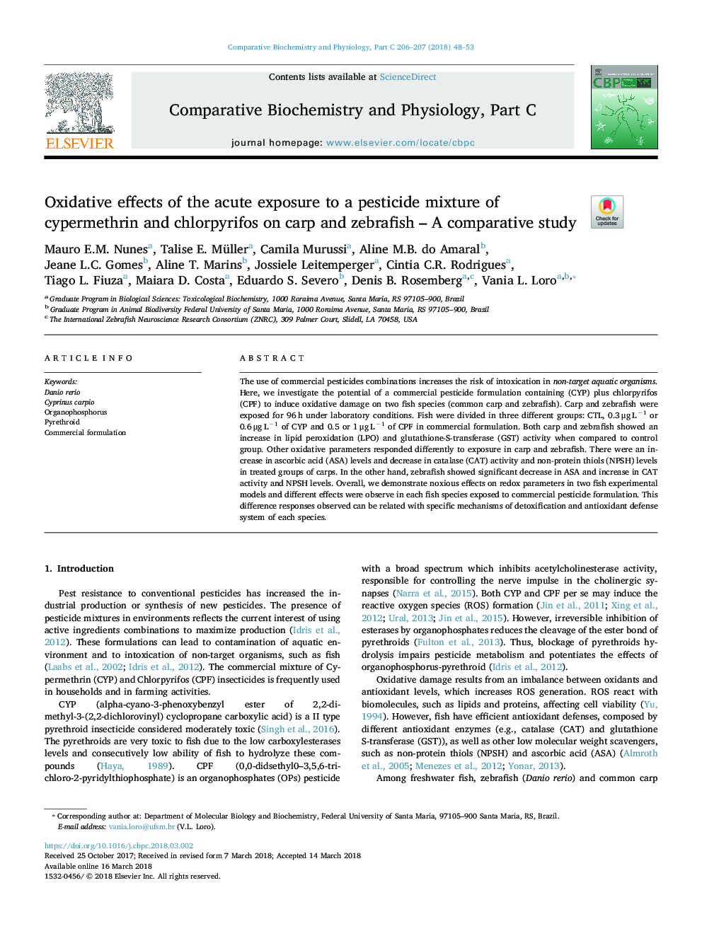 Oxidative effects of the acute exposure to a pesticide mixture of cypermethrin and chlorpyrifos on carp and zebrafish - A comparative study