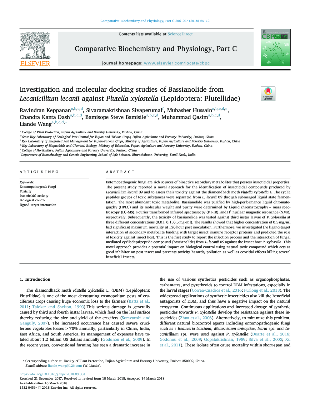 Investigation and molecular docking studies of Bassianolide from Lecanicillium lecanii against Plutella xylostella (Lepidoptera: Plutellidae)