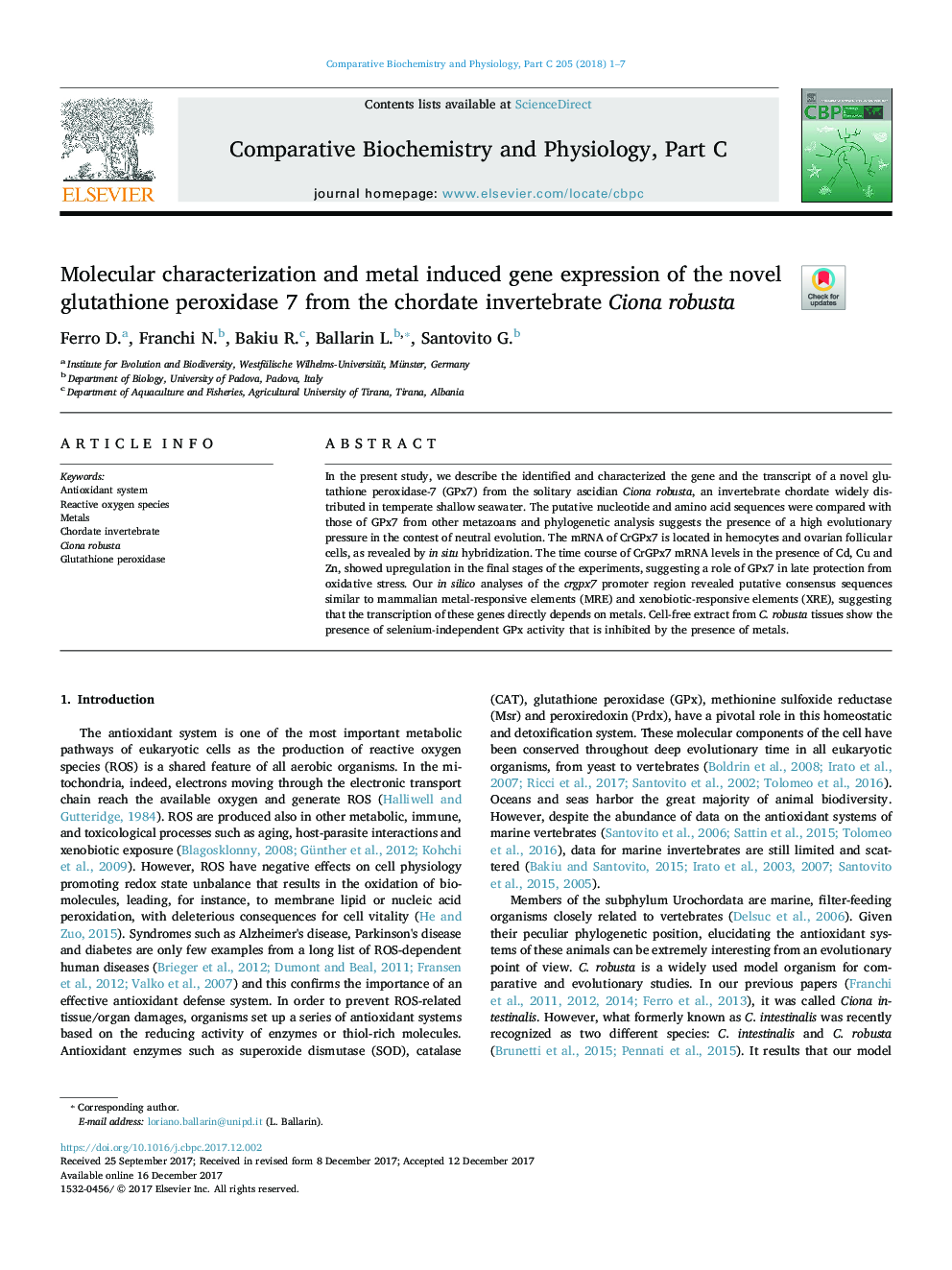 Molecular characterization and metal induced gene expression of the novel glutathione peroxidase 7 from the chordate invertebrate Ciona robusta