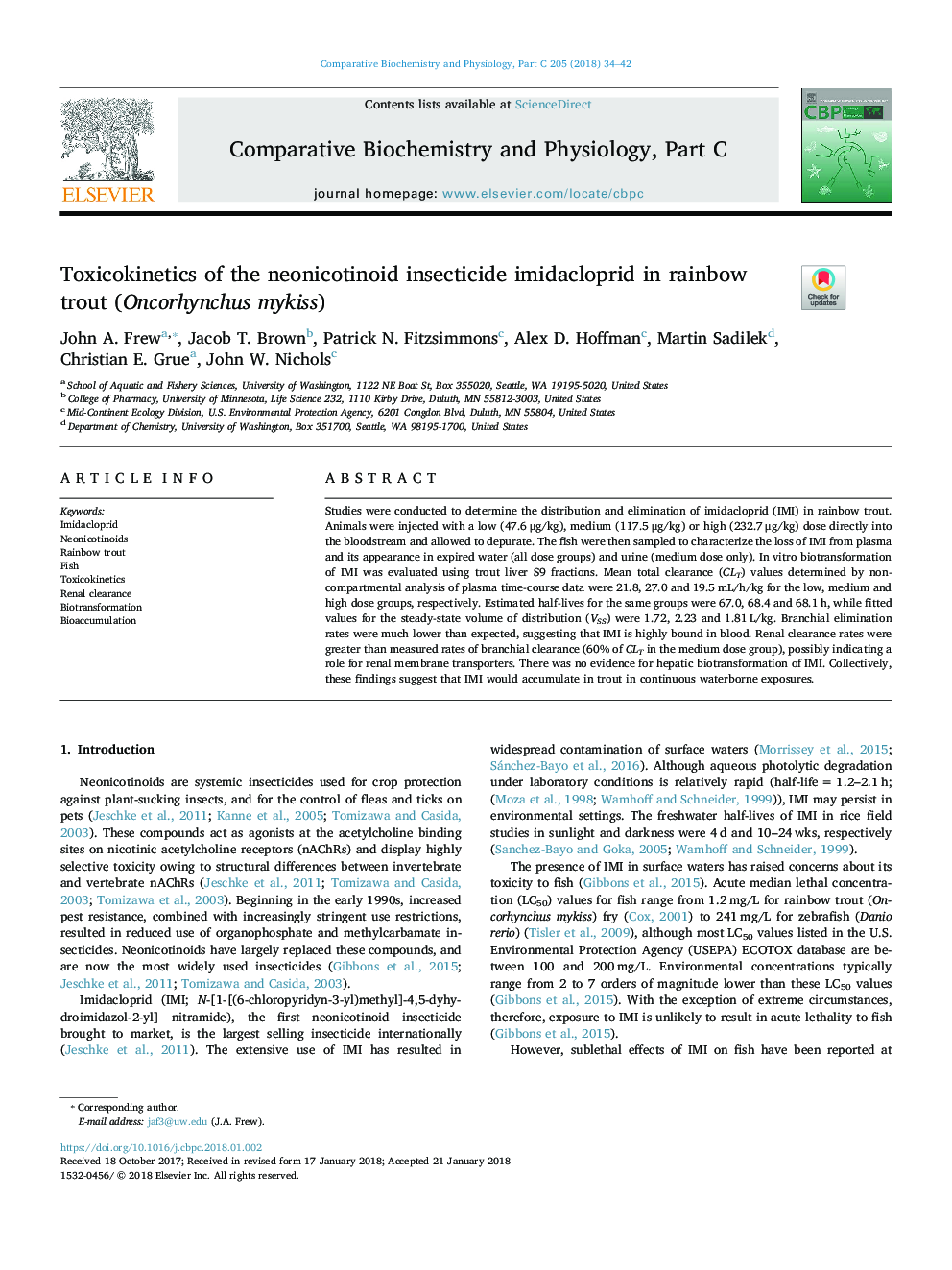 Toxicokinetics of the neonicotinoid insecticide imidacloprid in rainbow trout (Oncorhynchus mykiss)