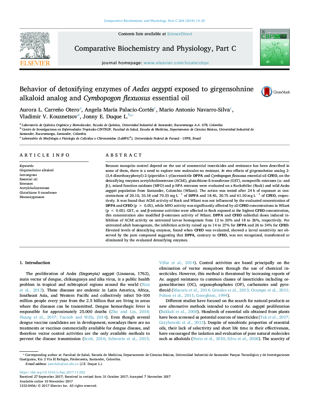 Behavior of detoxifying enzymes of Aedes aegypti exposed to girgensohnine alkaloid analog and Cymbopogon flexuosus essential oil