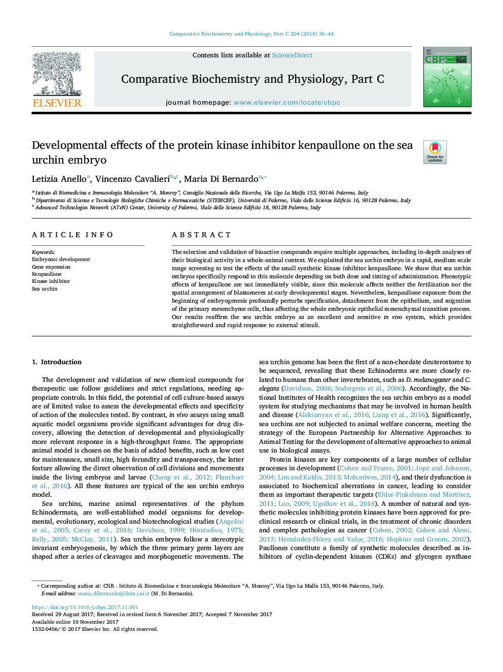 Developmental effects of the protein kinase inhibitor kenpaullone on the sea urchin embryo