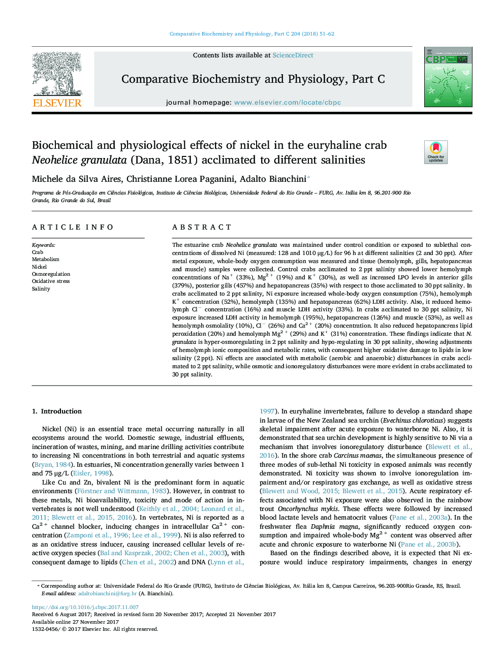 Biochemical and physiological effects of nickel in the euryhaline crab Neohelice granulata (Dana, 1851) acclimated to different salinities