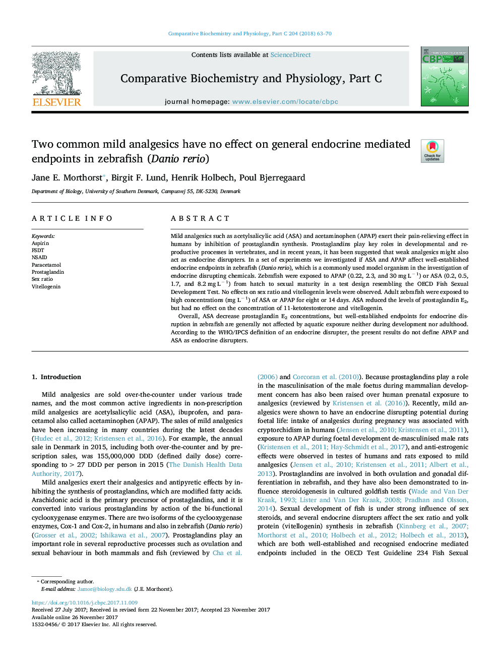 Two common mild analgesics have no effect on general endocrine mediated endpoints in zebrafish (Danio rerio)