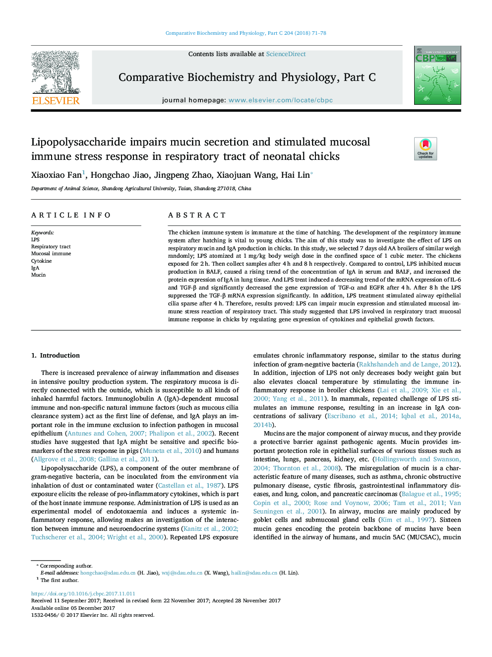 Lipopolysaccharide impairs mucin secretion and stimulated mucosal immune stress response in respiratory tract of neonatal chicks