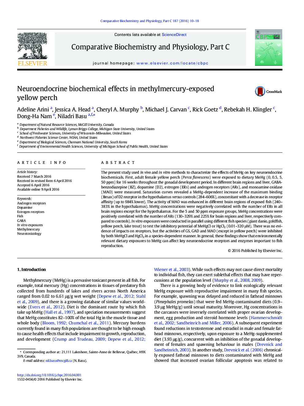 Neuroendocrine biochemical effects in methylmercury-exposed yellow perch