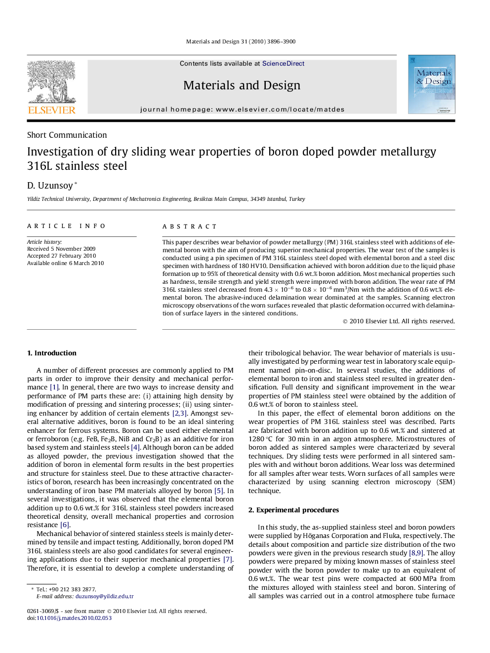 Investigation of dry sliding wear properties of boron doped powder metallurgy 316L stainless steel