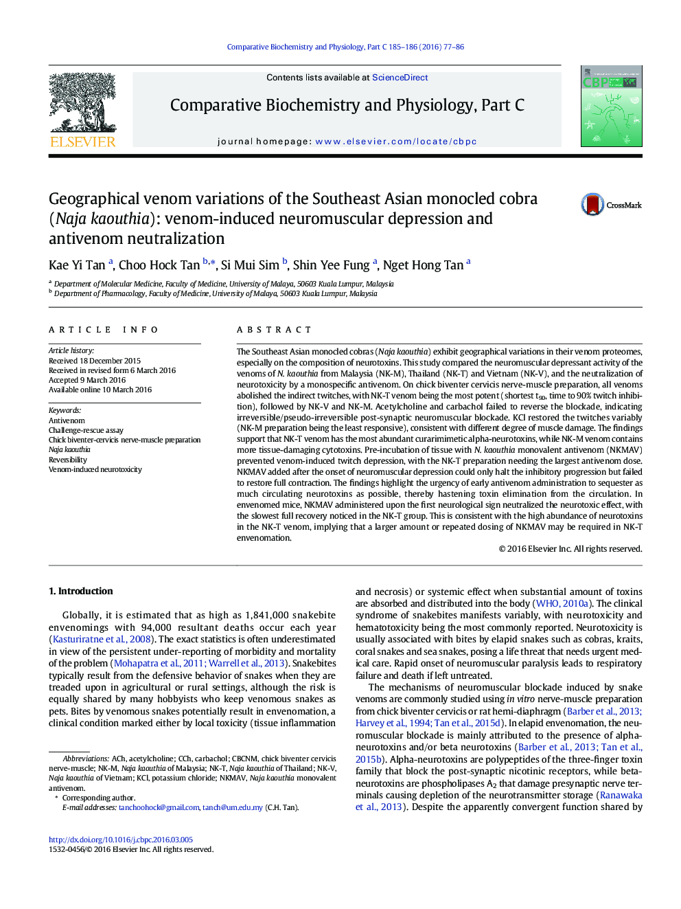 Geographical venom variations of the Southeast Asian monocled cobra (Naja kaouthia): venom-induced neuromuscular depression and antivenom neutralization