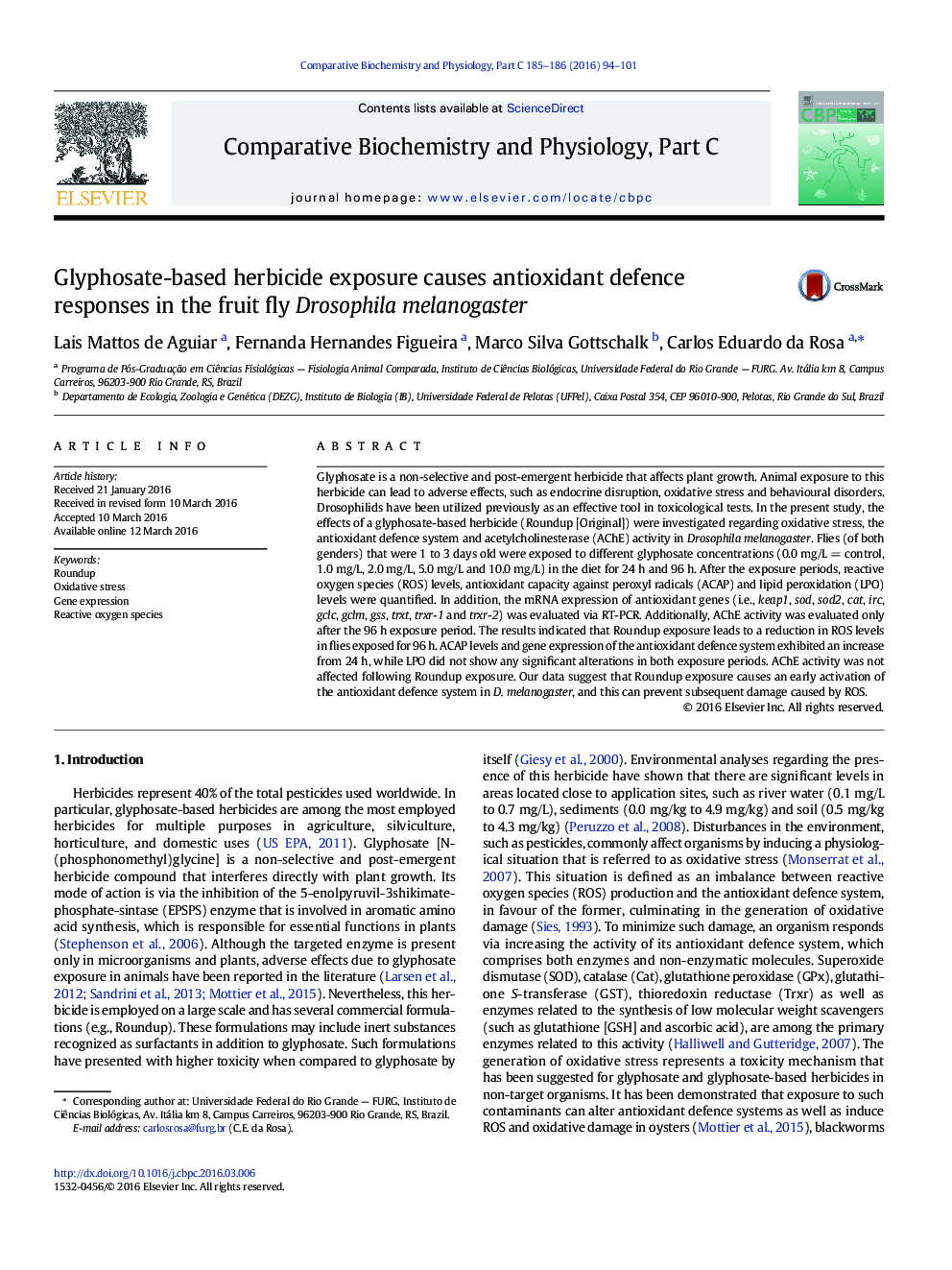 Glyphosate-based herbicide exposure causes antioxidant defence responses in the fruit fly Drosophila melanogaster