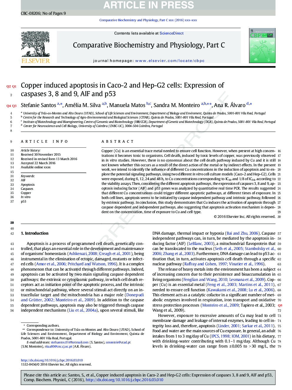Copper induced apoptosis in Caco-2 and Hep-G2 cells: Expression of caspases 3, 8 and 9, AIF and p53
