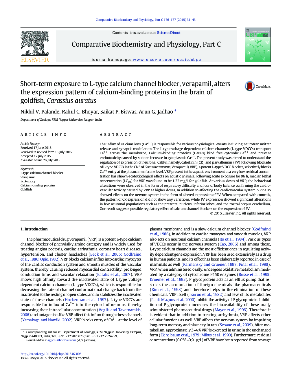 Short-term exposure to L-type calcium channel blocker, verapamil, alters the expression pattern of calcium-binding proteins in the brain of goldfish, Carassius auratus