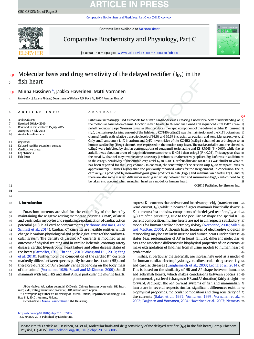 Molecular basis and drug sensitivity of the delayed rectifier (IKr) in the fish heart