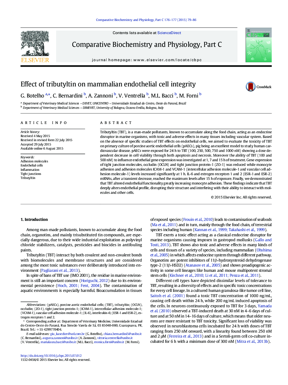 Effect of tributyltin on mammalian endothelial cell integrity