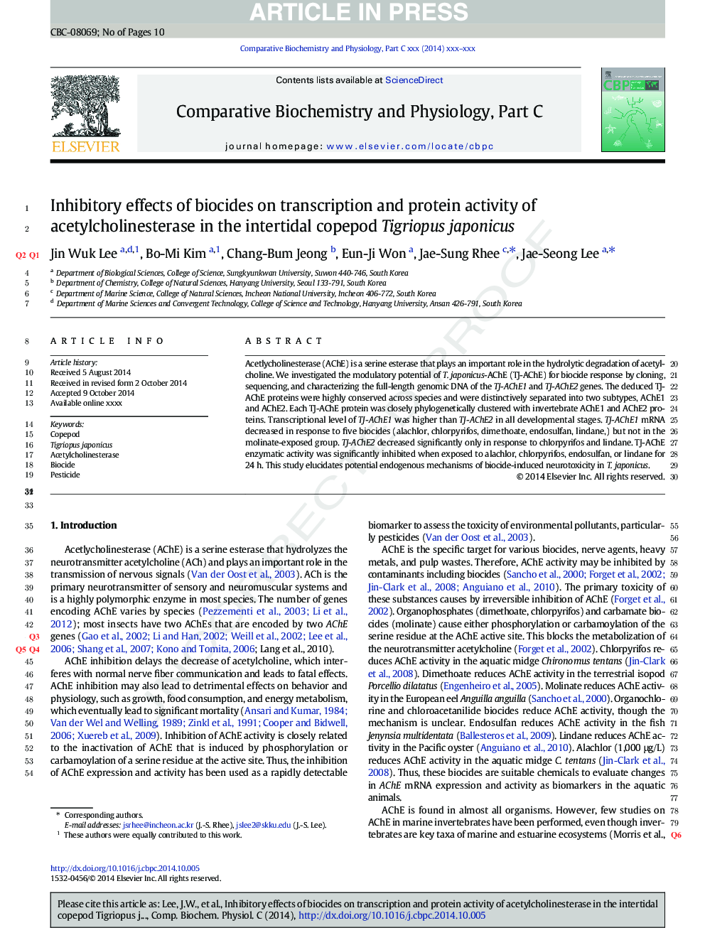 Inhibitory effects of biocides on transcription and protein activity of acetylcholinesterase in the intertidal copepod Tigriopus japonicus