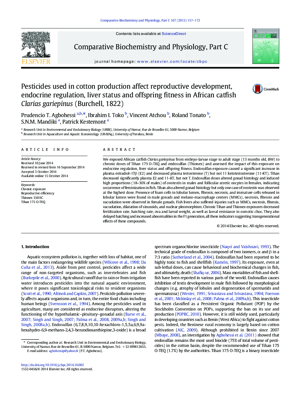 Pesticides used in cotton production affect reproductive development, endocrine regulation, liver status and offspring fitness in African catfish Clarias gariepinus (Burchell, 1822)