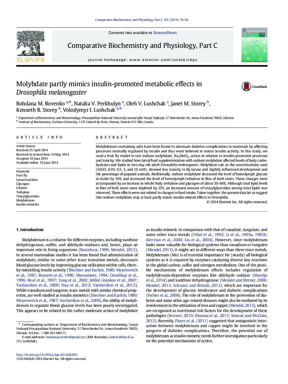 Molybdate partly mimics insulin-promoted metabolic effects in Drosophila melanogaster