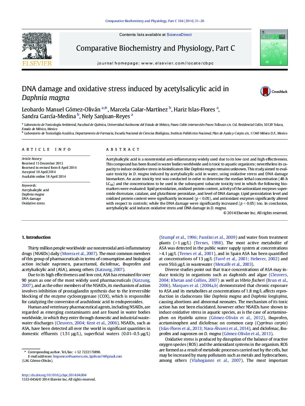 DNA damage and oxidative stress induced by acetylsalicylic acid in Daphnia magna