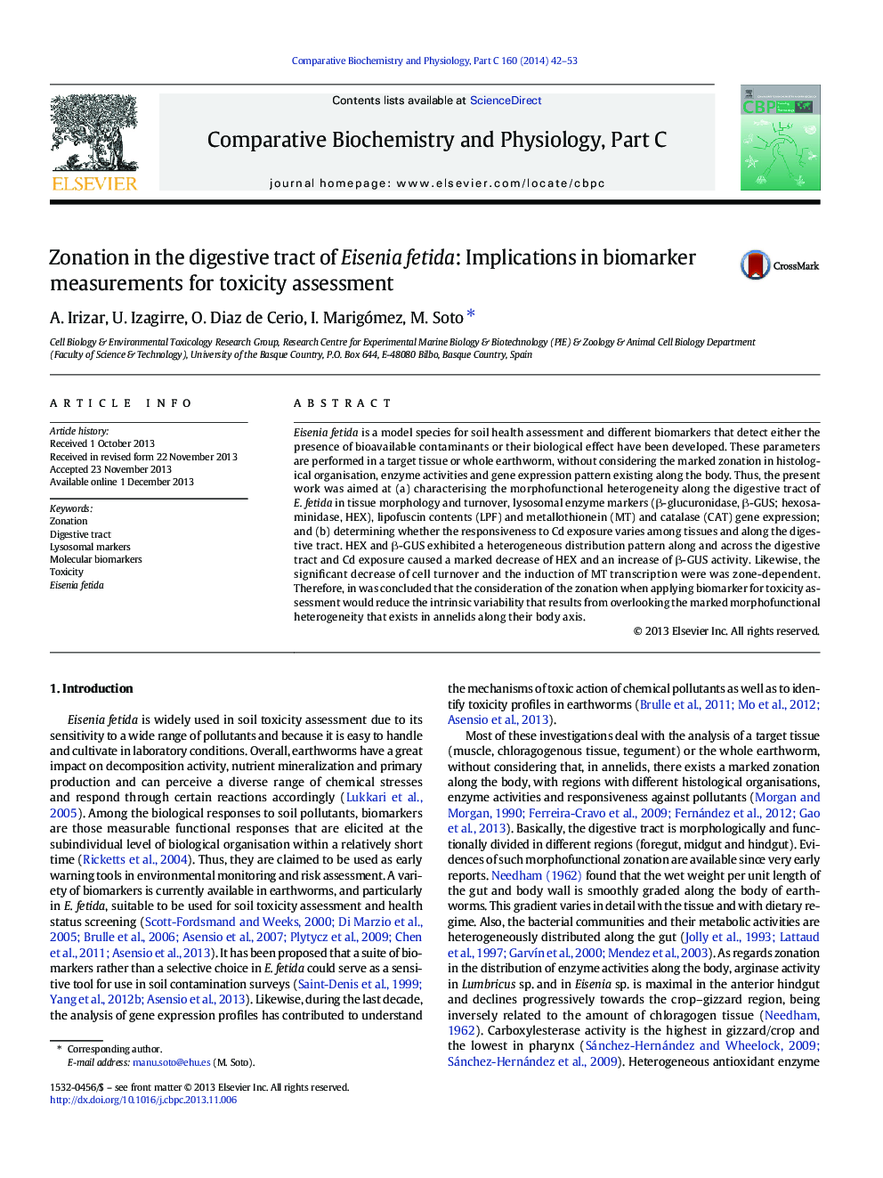 Zonation in the digestive tract of Eisenia fetida: Implications in biomarker measurements for toxicity assessment