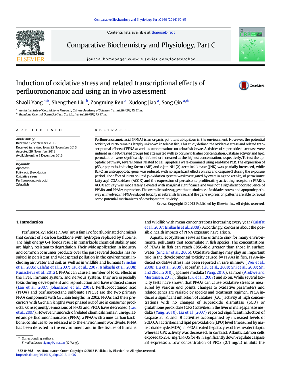 Induction of oxidative stress and related transcriptional effects of perfluorononanoic acid using an in vivo assessment