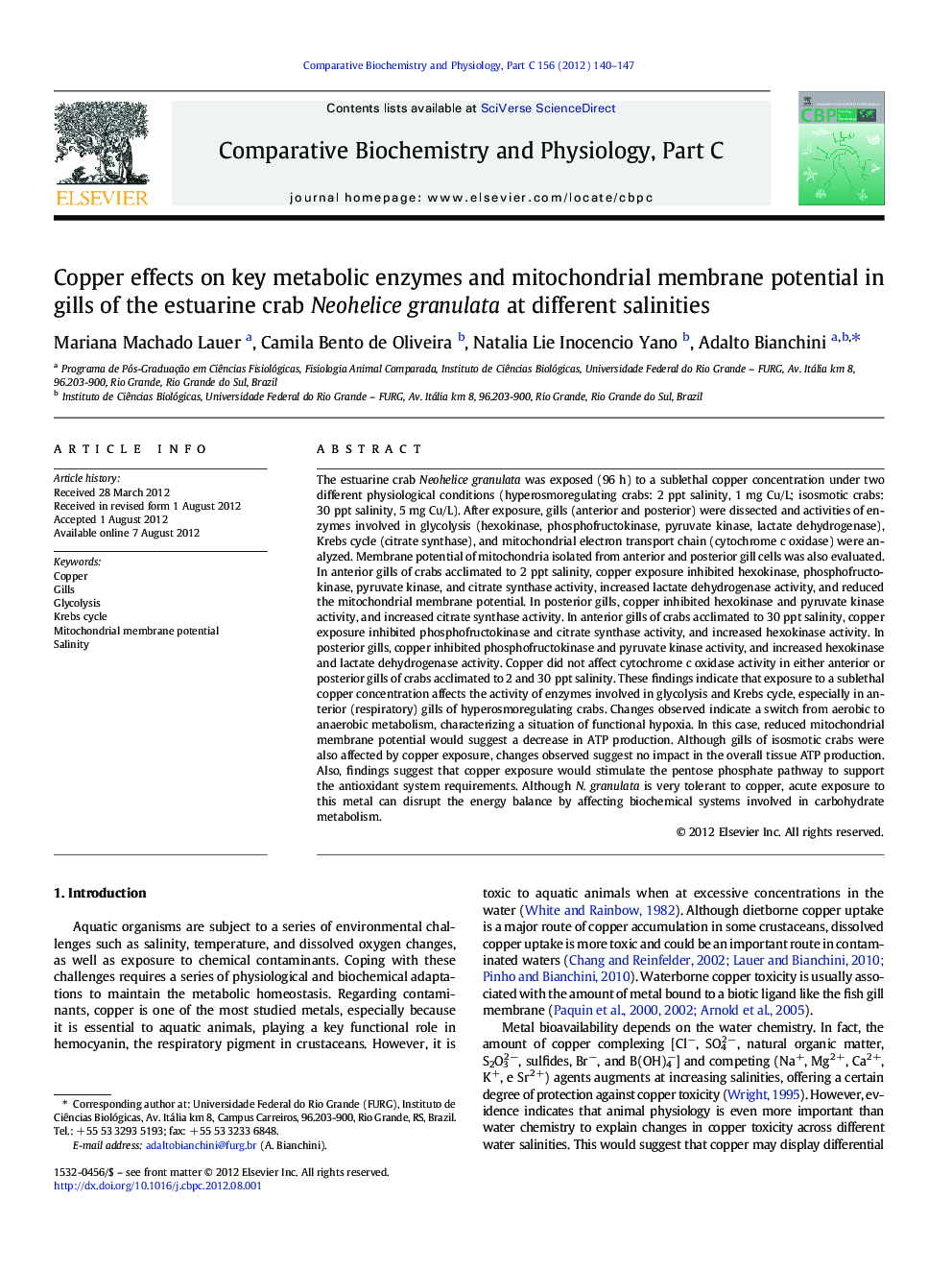 Copper effects on key metabolic enzymes and mitochondrial membrane potential in gills of the estuarine crab Neohelice granulata at different salinities