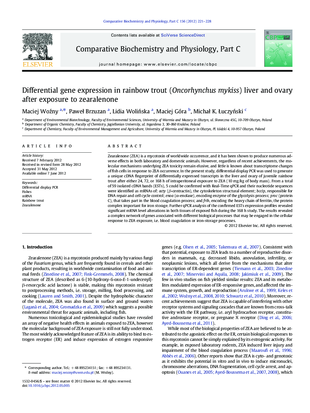 Differential gene expression in rainbow trout (Oncorhynchus mykiss) liver and ovary after exposure to zearalenone