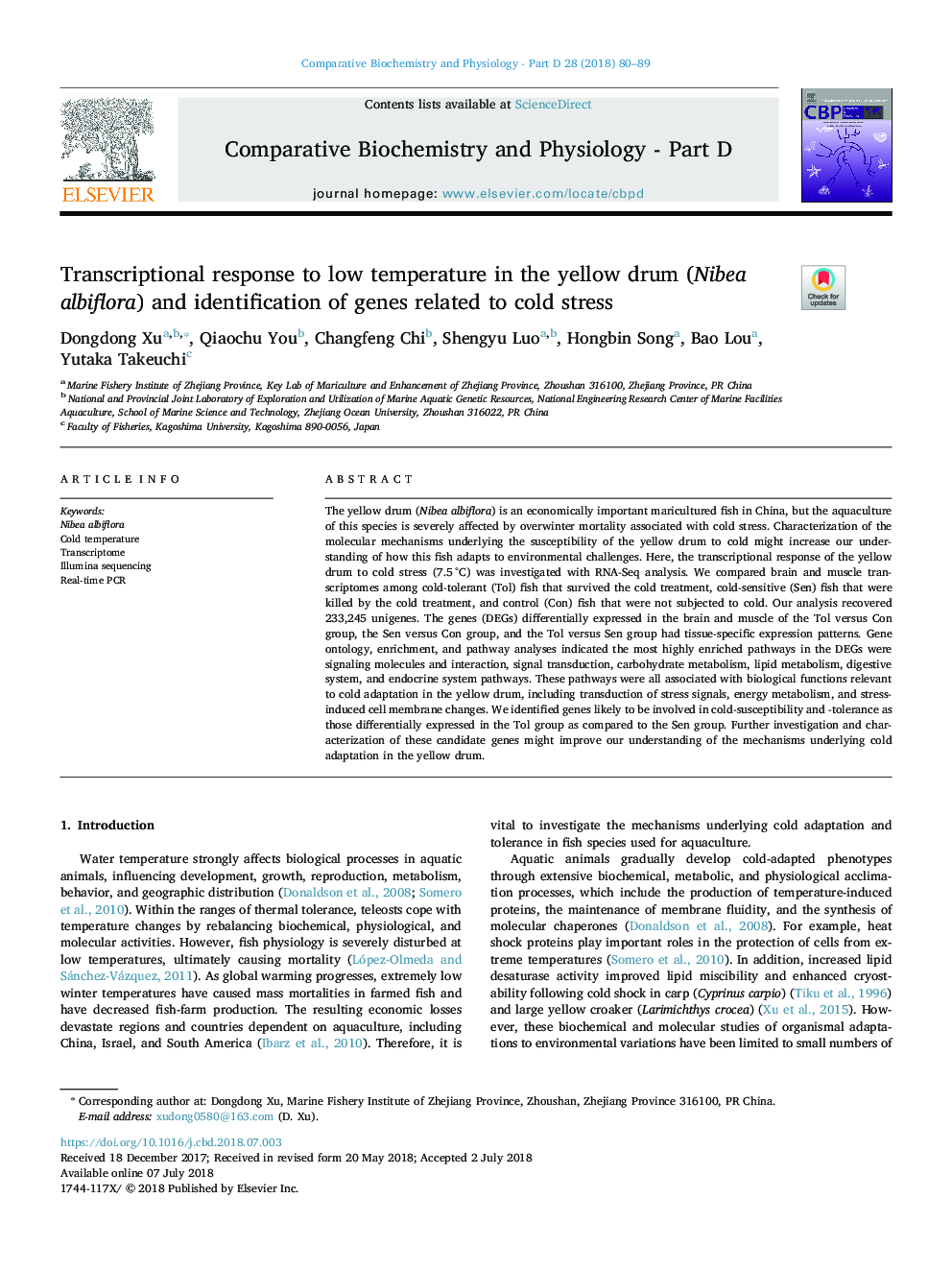 Transcriptional response to low temperature in the yellow drum (Nibea albiflora) and identification of genes related to cold stress