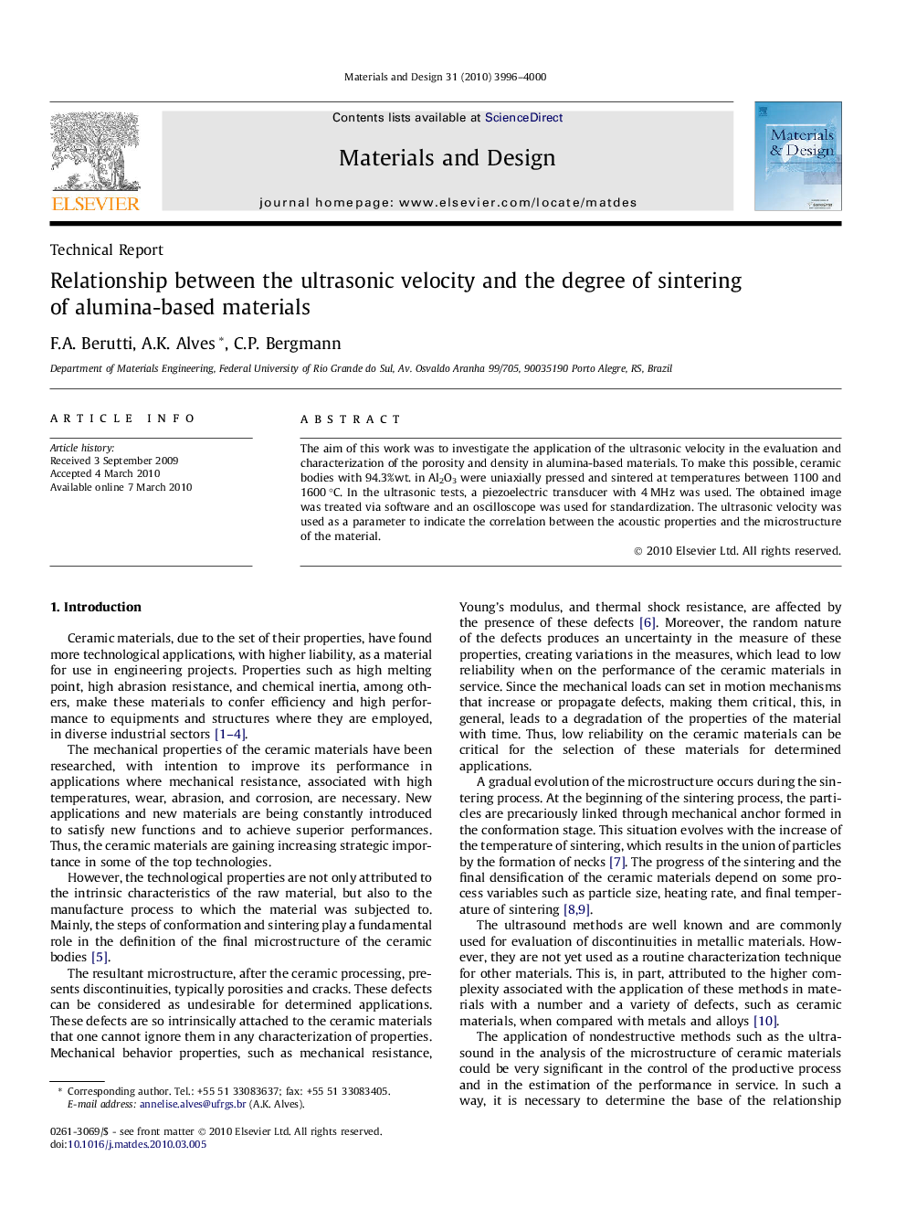 Relationship between the ultrasonic velocity and the degree of sintering of alumina-based materials