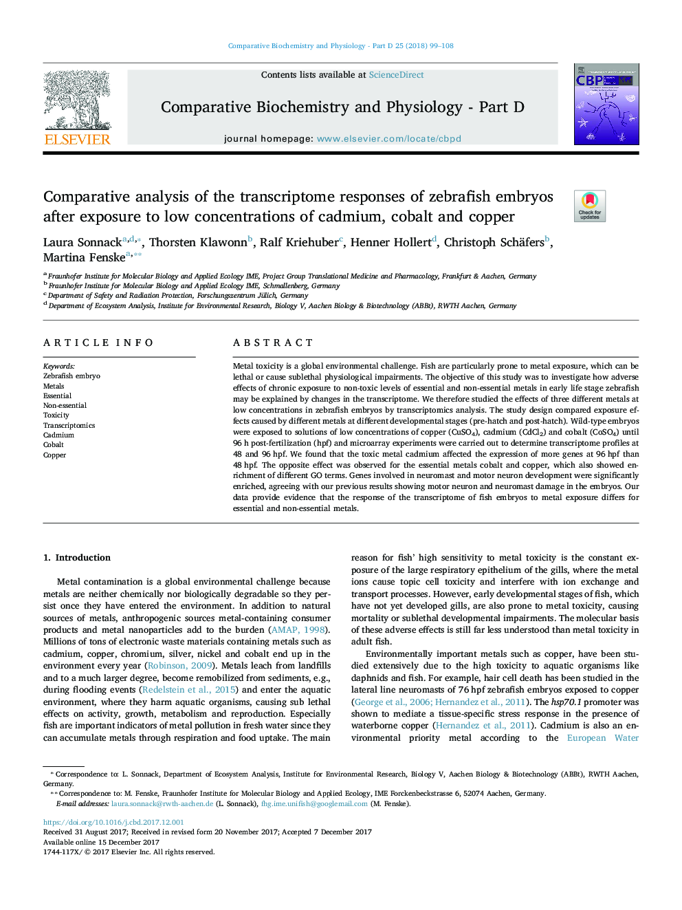 Comparative analysis of the transcriptome responses of zebrafish embryos after exposure to low concentrations of cadmium, cobalt and copper