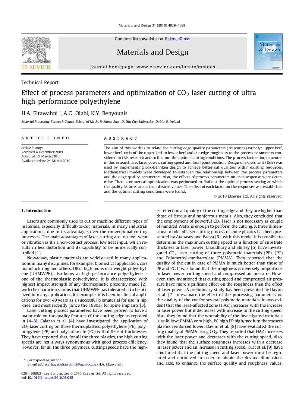 Effect of process parameters and optimization of CO2 laser cutting of ultra high-performance polyethylene