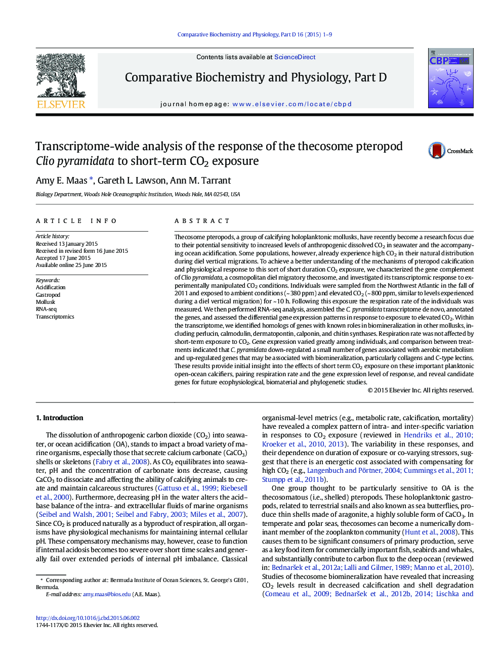 Transcriptome-wide analysis of the response of the thecosome pteropod Clio pyramidata to short-term CO2 exposure