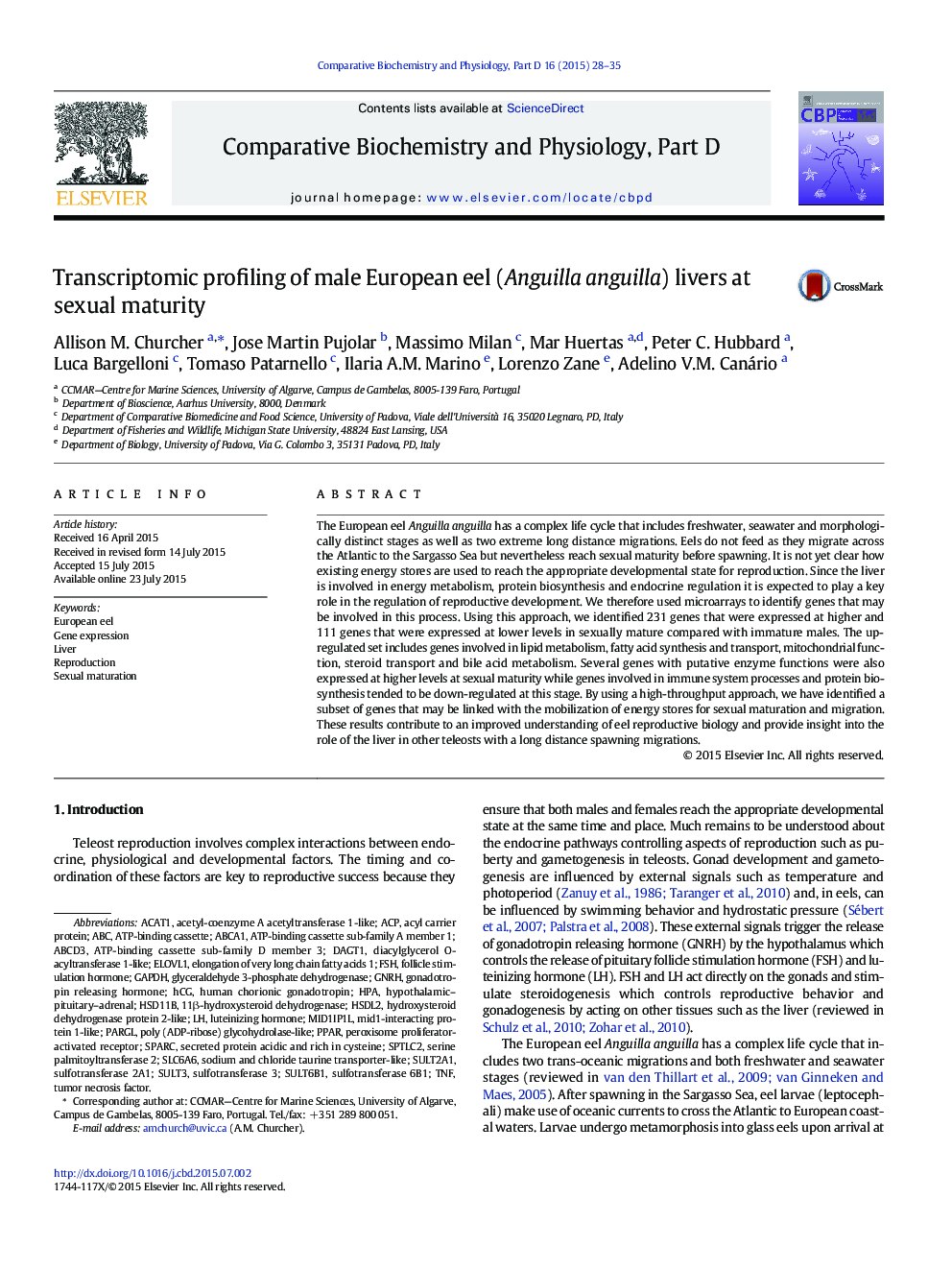 Transcriptomic profiling of male European eel (Anguilla anguilla) livers at sexual maturity