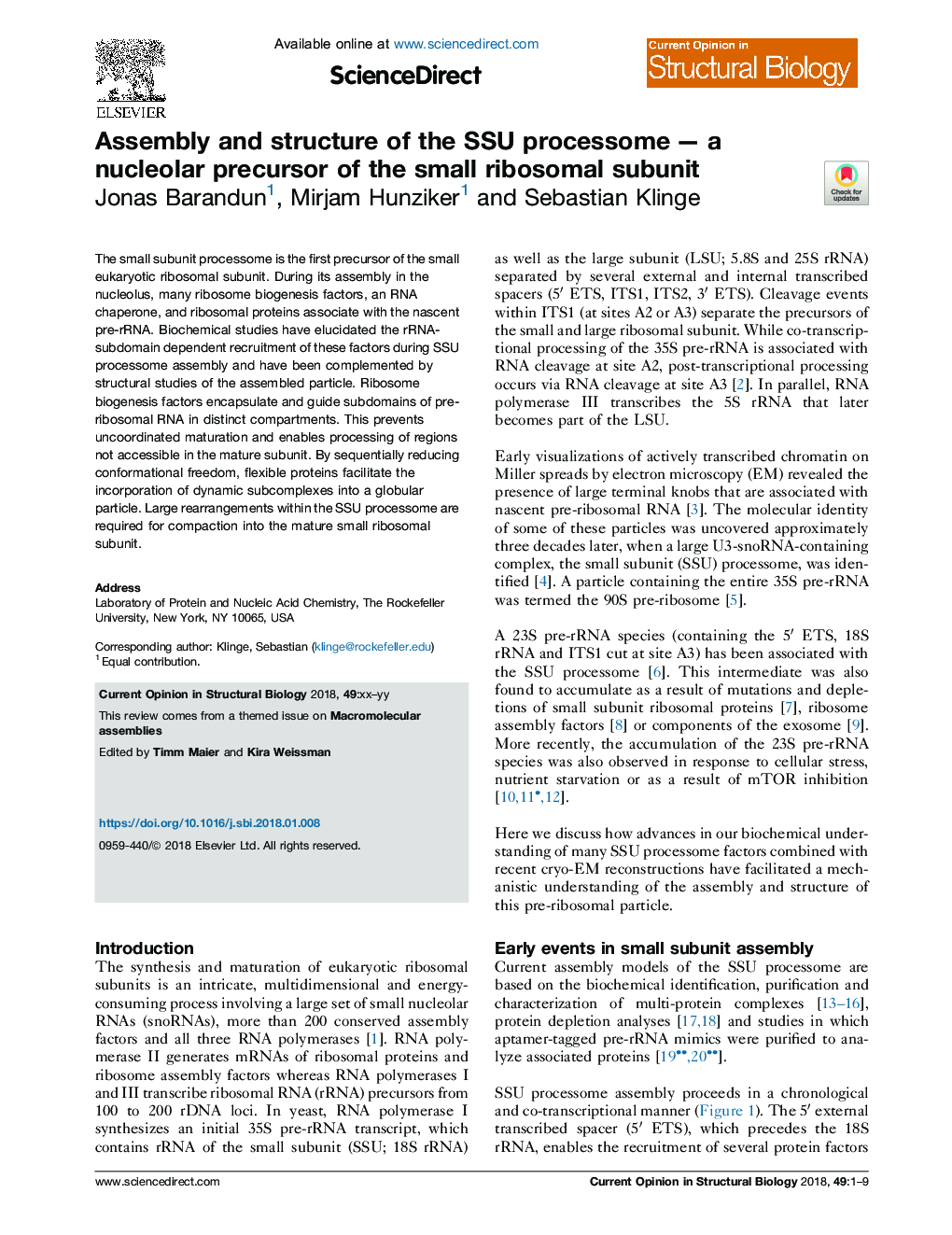 Assembly and structure of the SSU processomeÂ -Â a nucleolar precursor of the small ribosomal subunit