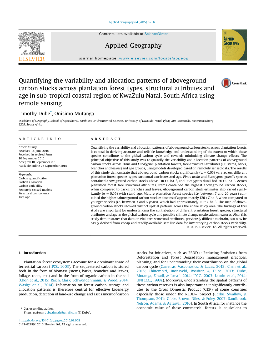 Quantifying the variability and allocation patterns of aboveground carbon stocks across plantation forest types, structural attributes and age in sub-tropical coastal region of KwaZulu Natal, South Africa using remote sensing