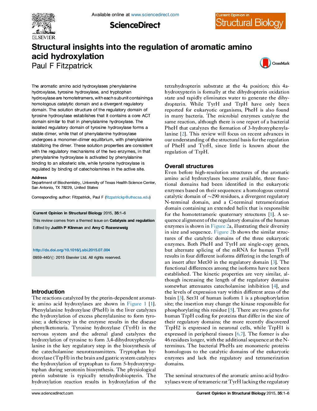Structural insights into the regulation of aromatic amino acid hydroxylation