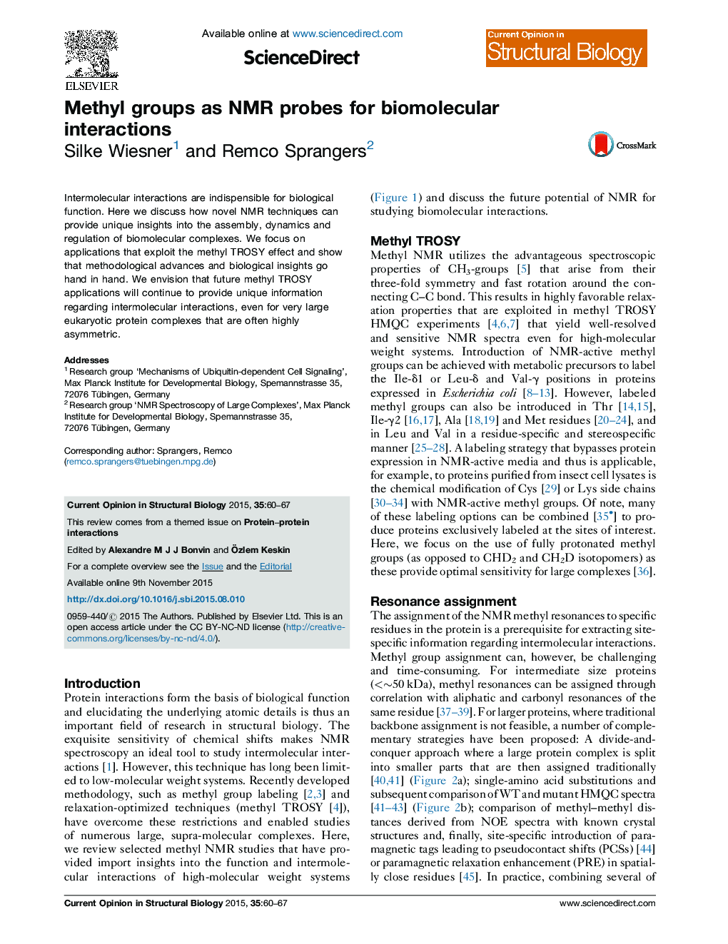 Methyl groups as NMR probes for biomolecular interactions