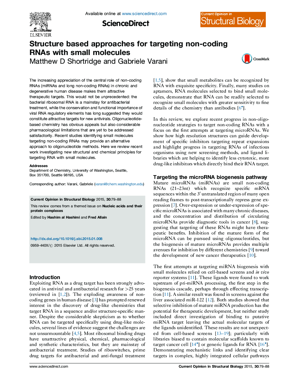 Structure based approaches for targeting non-coding RNAs with small molecules