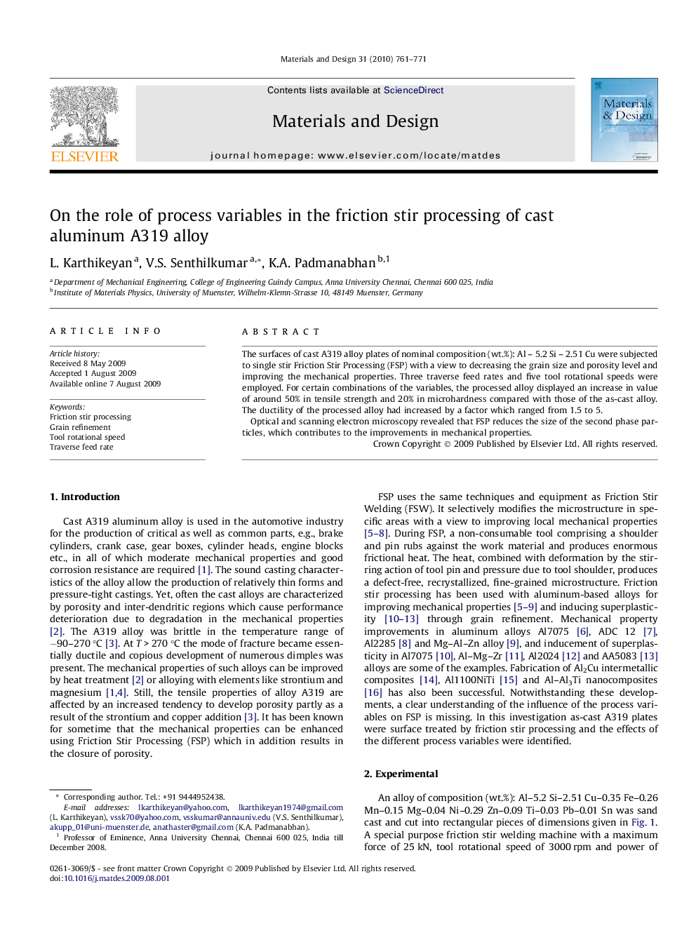 On the role of process variables in the friction stir processing of cast aluminum A319 alloy