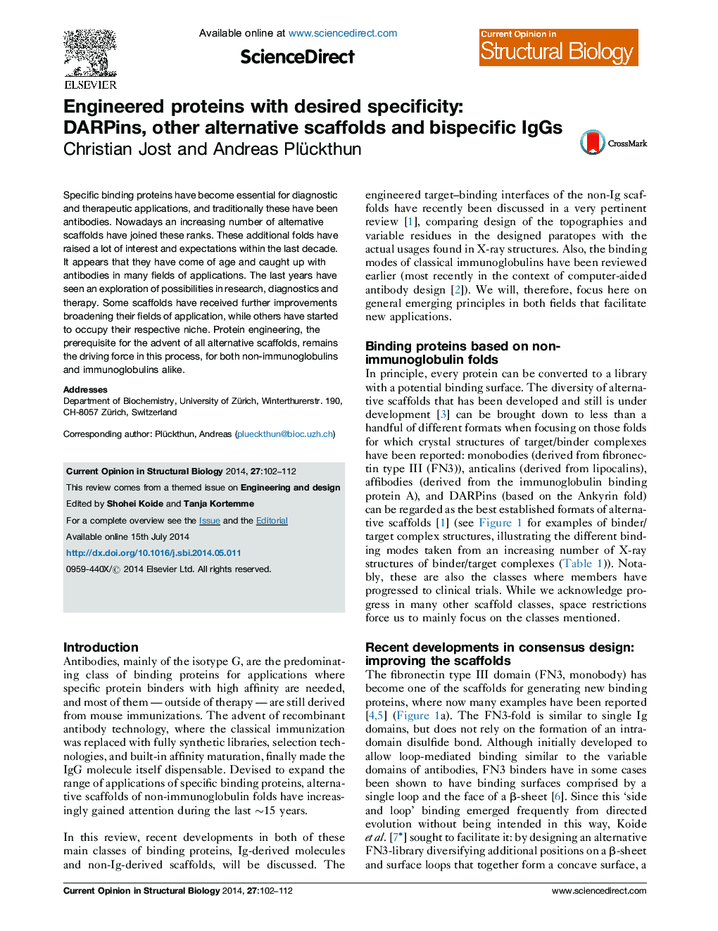 Engineered proteins with desired specificity: DARPins, other alternative scaffolds and bispecific IgGs