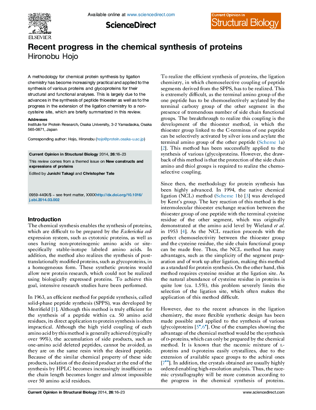 Recent progress in the chemical synthesis of proteins