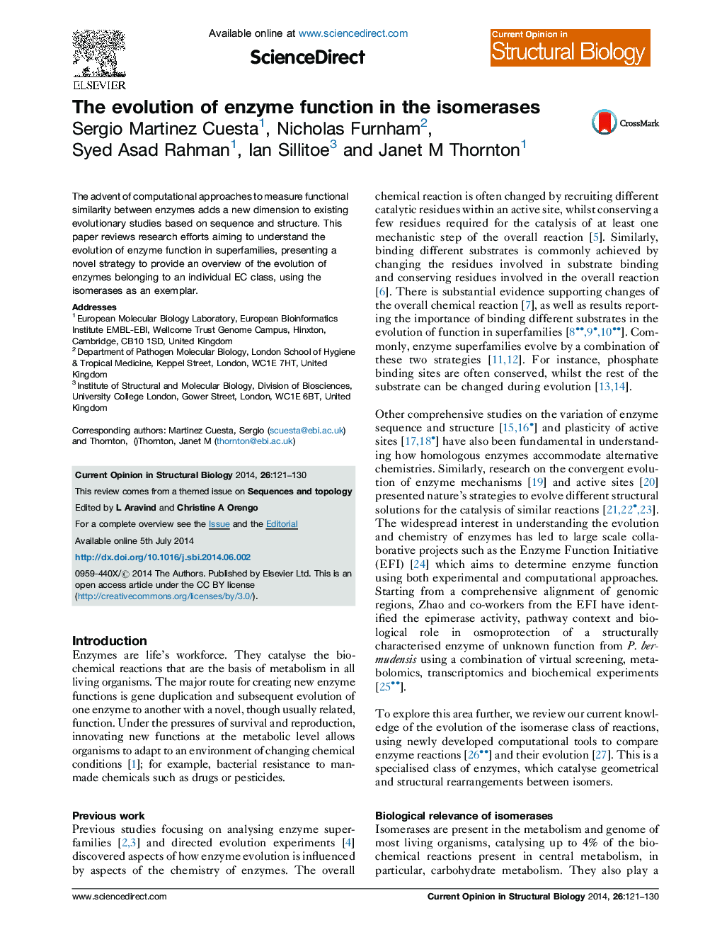 The evolution of enzyme function in the isomerases