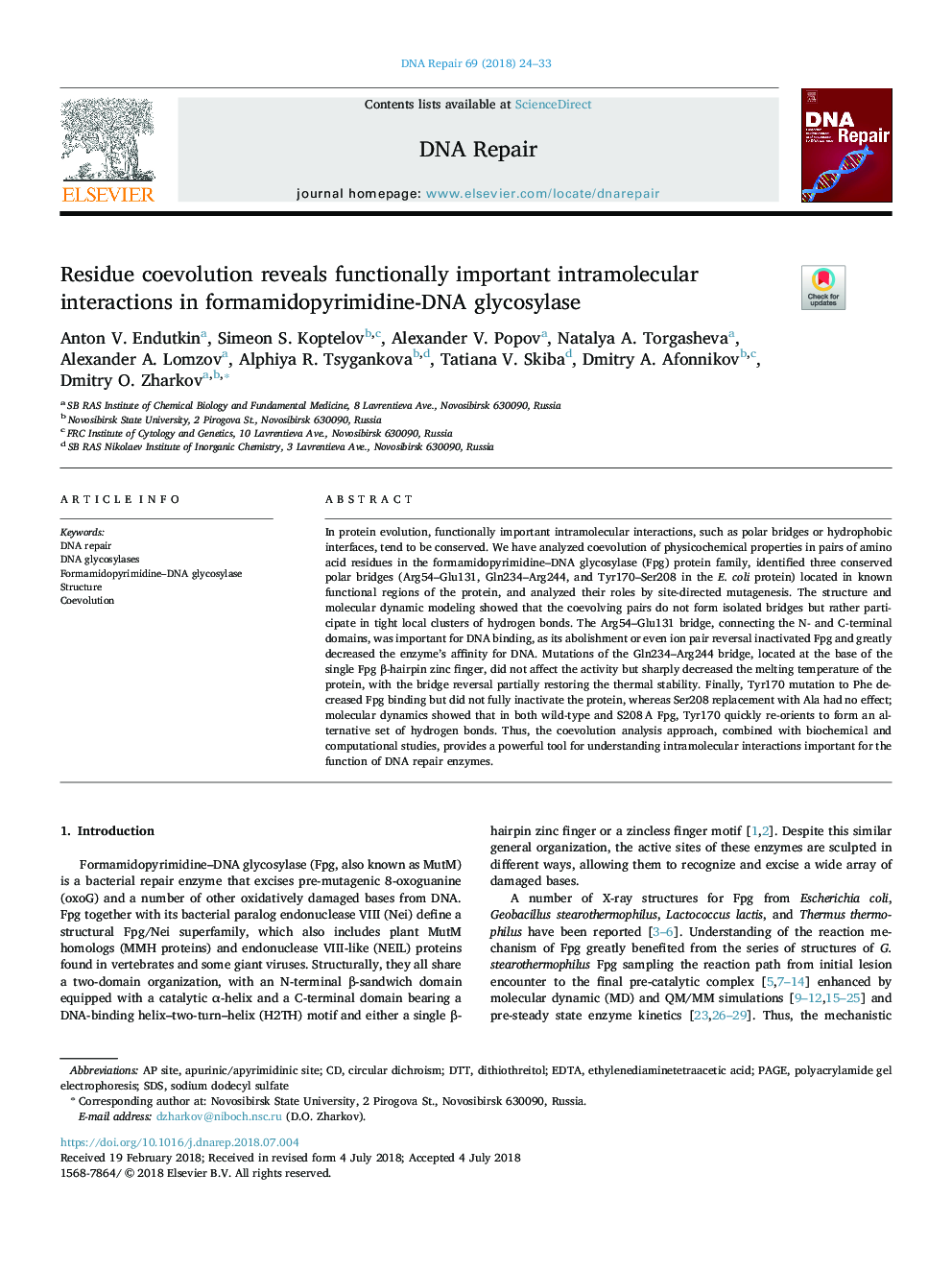 Residue coevolution reveals functionally important intramolecular interactions in formamidopyrimidine-DNA glycosylase