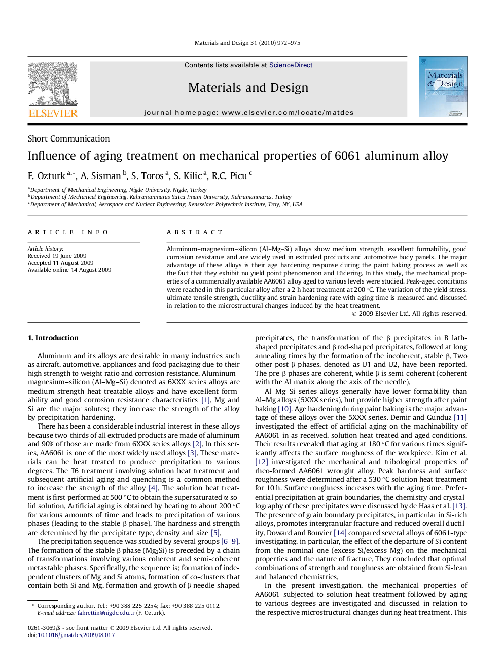 Influence of aging treatment on mechanical properties of 6061 aluminum alloy