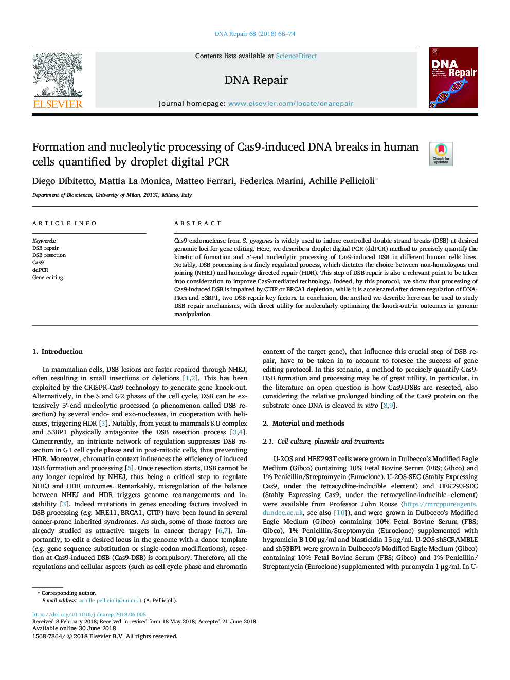 Formation and nucleolytic processing of Cas9-induced DNA breaks in human cells quantified by droplet digital PCR