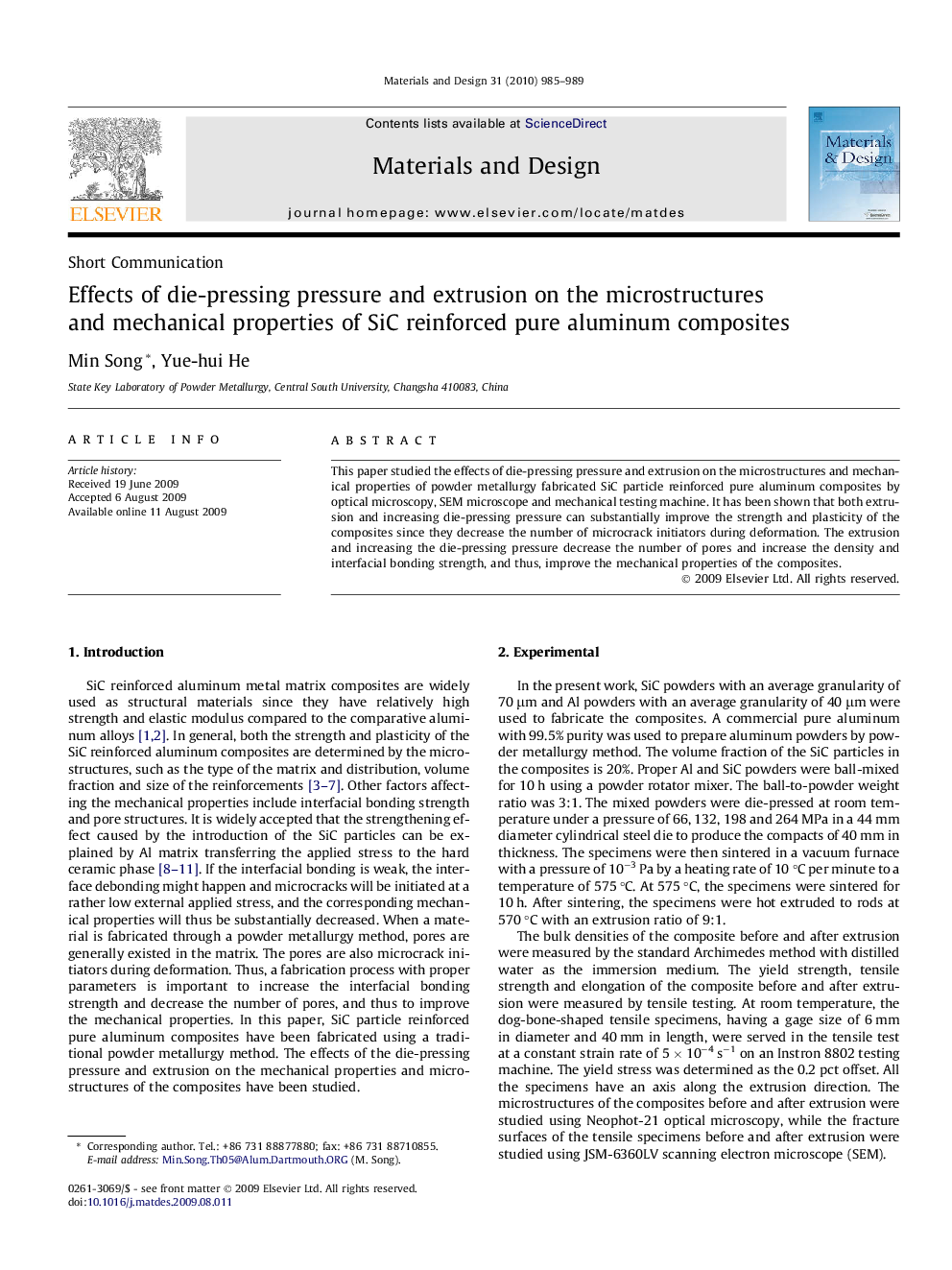 Effects of die-pressing pressure and extrusion on the microstructures and mechanical properties of SiC reinforced pure aluminum composites