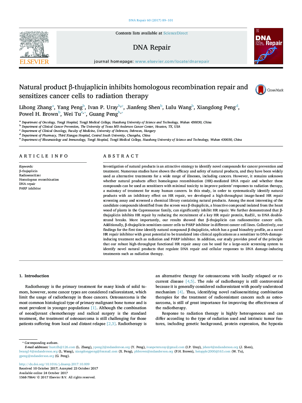 Natural product Î²-thujaplicin inhibits homologous recombination repair and sensitizes cancer cells to radiation therapy