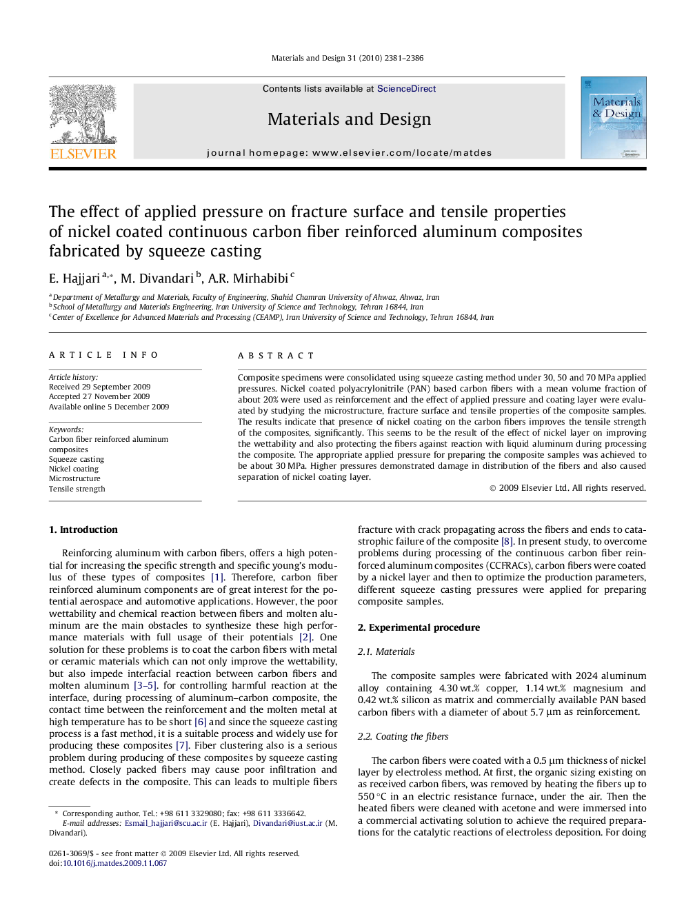 The effect of applied pressure on fracture surface and tensile properties of nickel coated continuous carbon fiber reinforced aluminum composites fabricated by squeeze casting