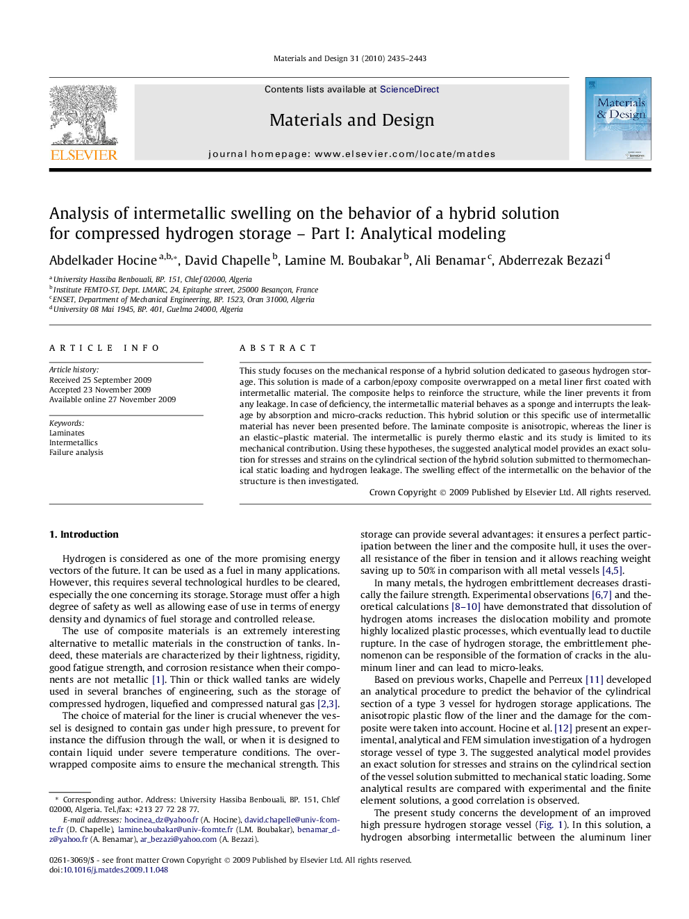 Analysis of intermetallic swelling on the behavior of a hybrid solution for compressed hydrogen storage - Part I: Analytical modeling