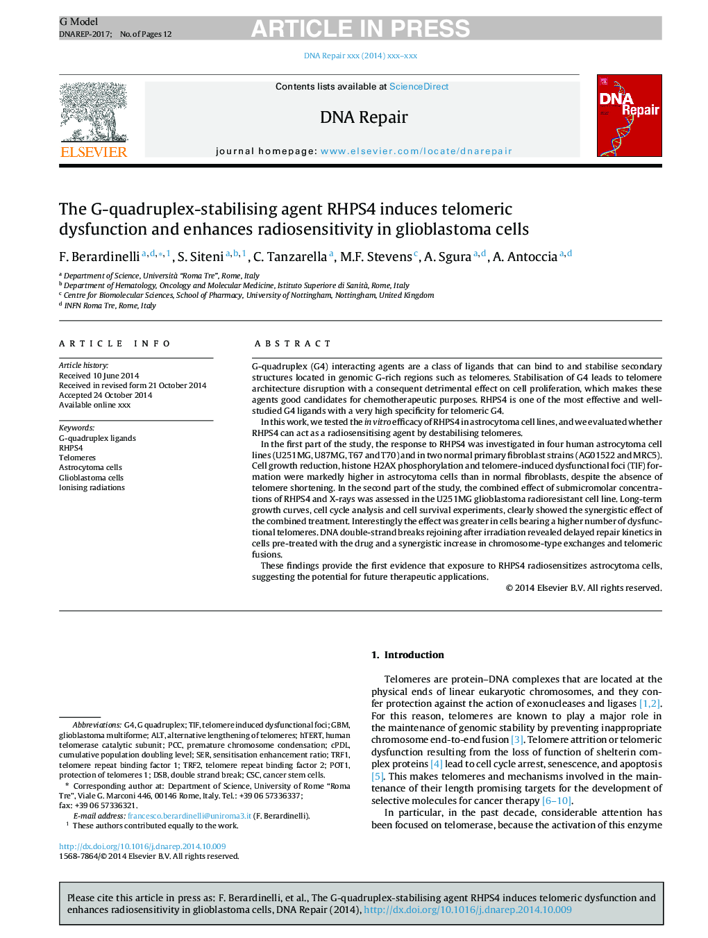 The G-quadruplex-stabilising agent RHPS4 induces telomeric dysfunction and enhances radiosensitivity in glioblastoma cells