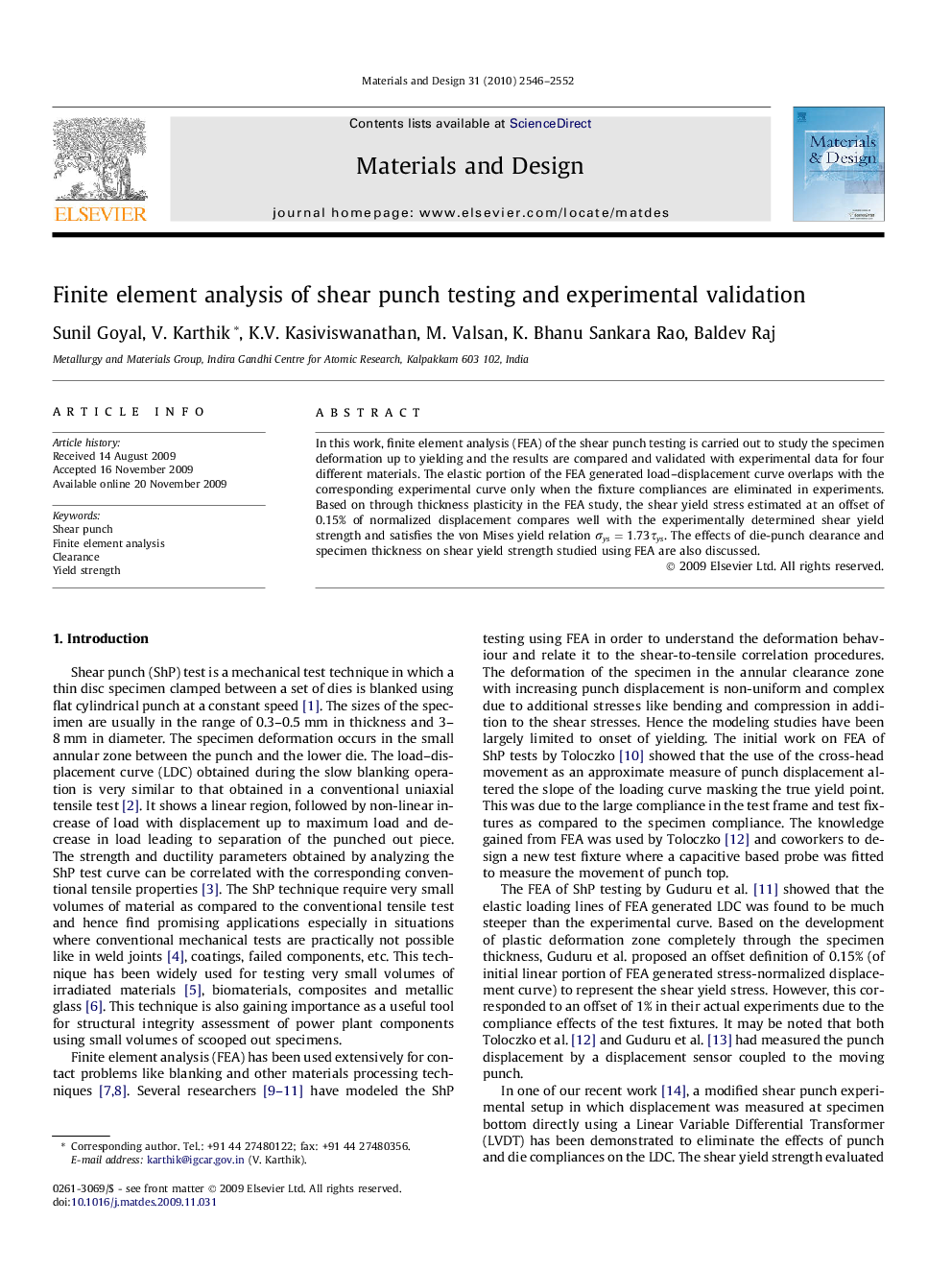 Finite element analysis of shear punch testing and experimental validation