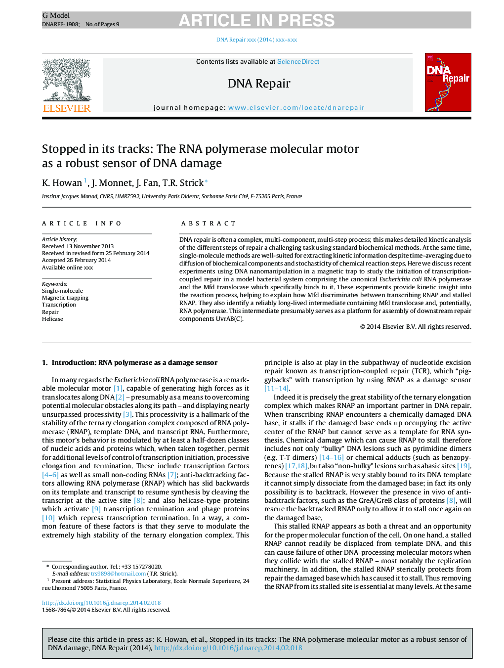 Stopped in its tracks: The RNA polymerase molecular motor as a robust sensor of DNA damage